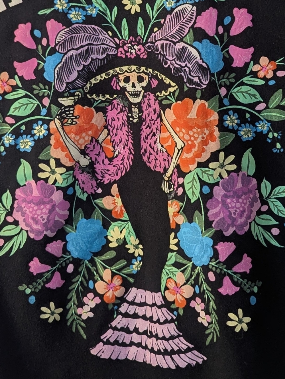 La Catrina Black Graphic Tee with Floral Skull Design